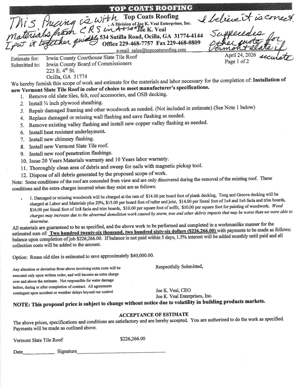 Pricing, Top Coats Roofing, 2026-04-24 --Irwin County BOCC