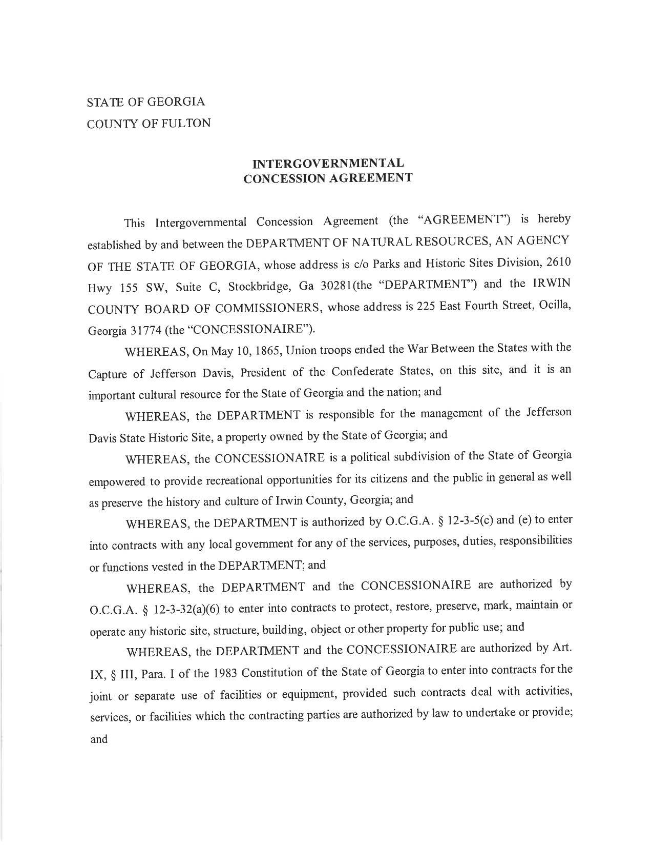 INTERGOVERNMENTAL CONCESSION AGREEMENT, GA-DNR, 2026-06-01 --Irwin County BOCC