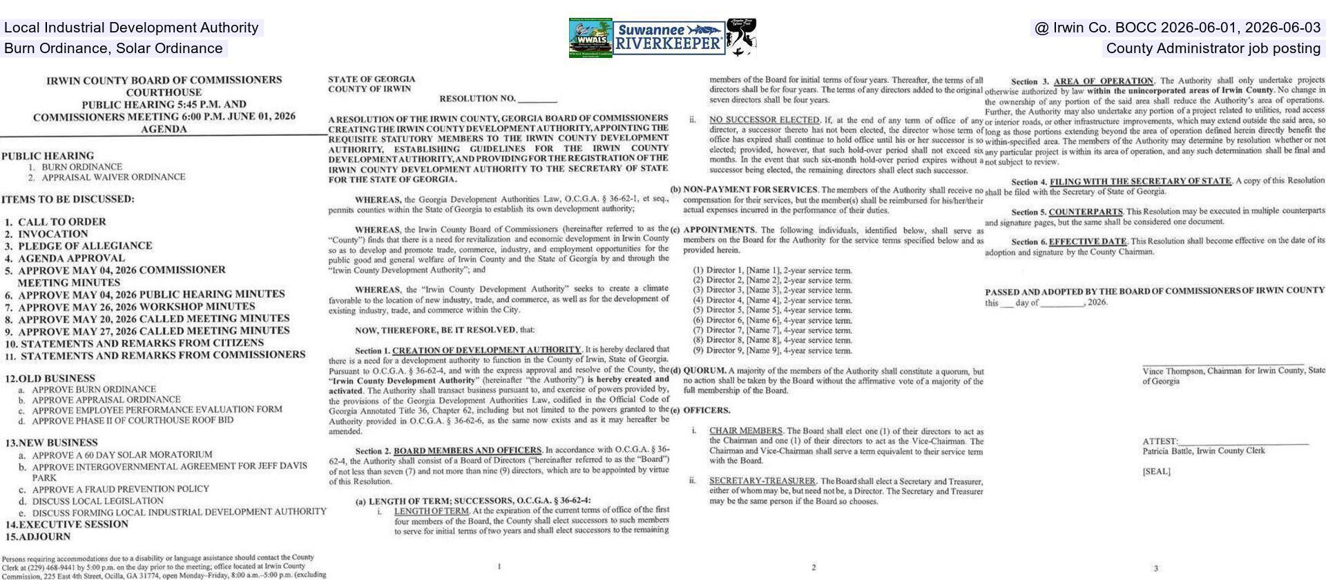 [Local Industrial Development Authority @ Irwin Co. BOCC 2026-06-01, 2026-06-03, Burn Ordinance, Solar Ordinance, County Administrator job posting]