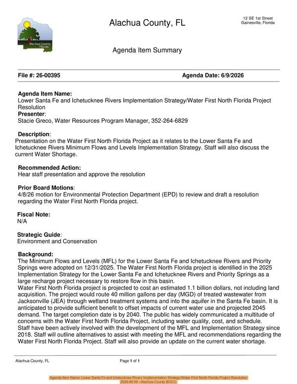 [Agenda Item Name: Lower Santa Fe and Ichetucknee Rivers Implementation Strategy/Water First North Florida Project Resolution, 2026-06-09 --Alachua County BOCC]