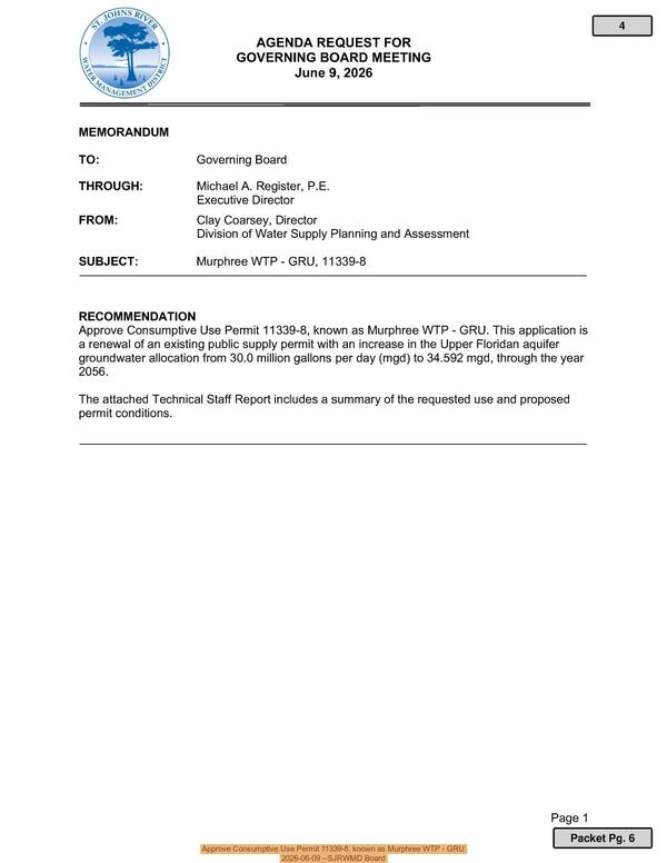[Approve Consumptive Use Permit 11339-8, known as Murphree WTP - GRU, 2026-06-09 --SJRWMD Board]