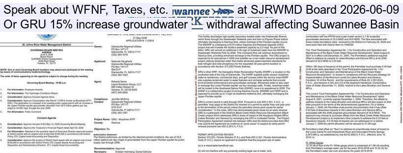 Speak about WFNF, Taxes, etc., at SJRWMD Board 2026-06-09, Or GRU 15% increase groundwater withdrawal affecting Suwannee Basin