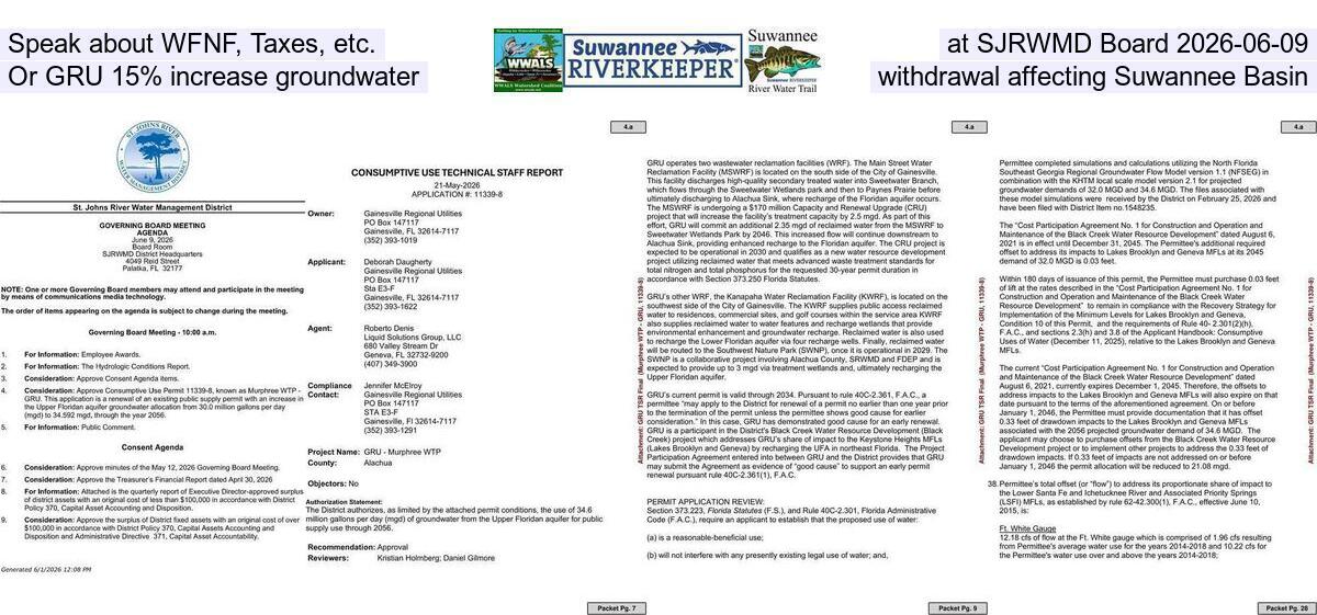 [Speak about WFNF, Taxes, etc., at SJRWMD Board 2026-06-09, Or GRU 15% increase groundwater withdrawal affecting Suwannee Basin]