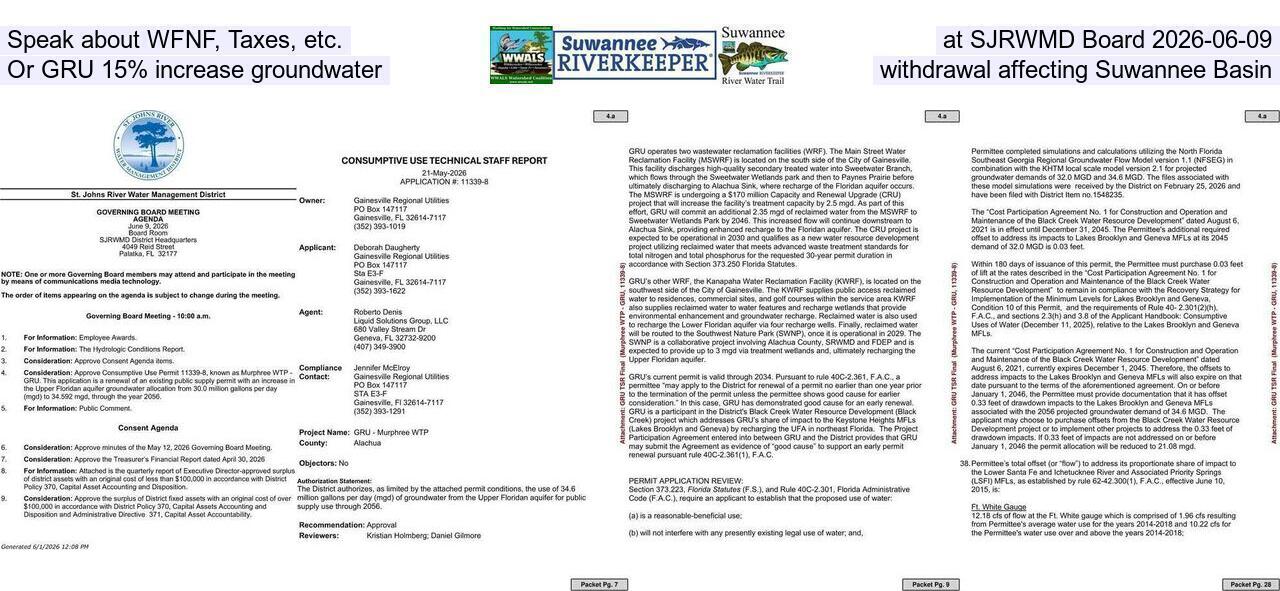 Speak about WFNF, Taxes, etc., at SJRWMD Board 2026-06-09, Or GRU 15% increase groundwater withdrawal affecting Suwannee Basin
