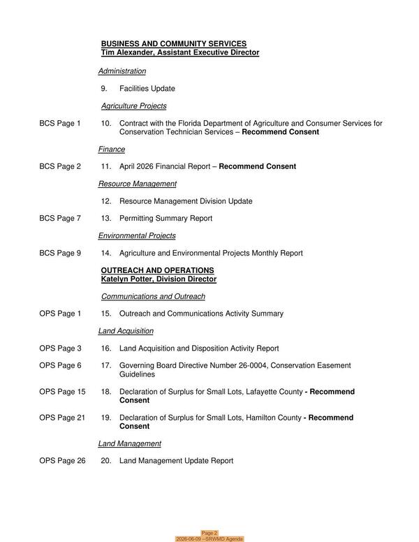[Page 2, 2026-06-09 --SRWMD Agenda]