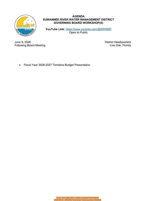 [Fiscal Year 2026-2027 Tentative Budget Presentation, 2026-06-09 --SRWMD Workshop Following Board Meeting]