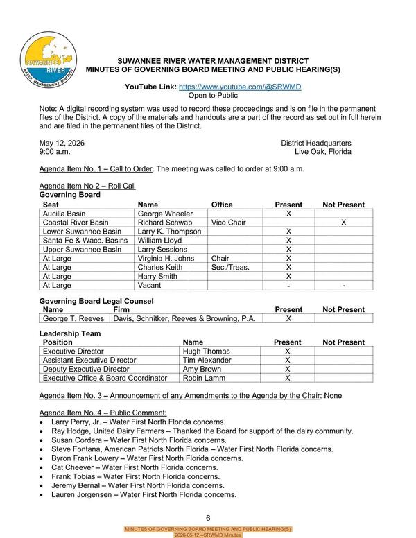 [MINUTES OF GOVERNING BOARD MEETING AND PUBLIC HEARING(S), 2026-05-12 --SRWMD Minutes]