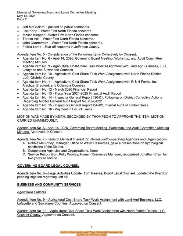 [Rest of a dozen speakers with Water First North Florida concerns., 2026-05-12 --SRWMD Minutes]