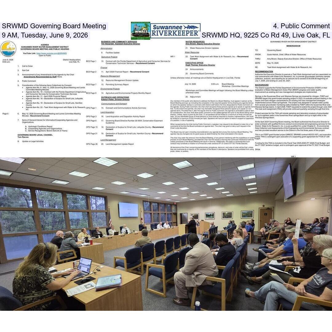 SRWMD Governing Board Meeting, 4. Public Comment, 9 AM, Tuesday, June 9, 2026, SRWMD HQ, 9225 Co Rd 49, Live Oak, FL