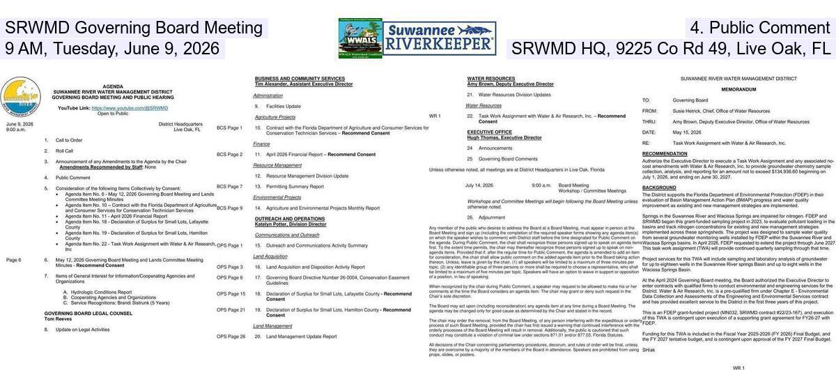 SRWMD Governing Board Meeting, 4. Public Comment, 9 AM, Tuesday, June 9, 2026, SRWMD HQ, 9225 Co Rd 49, Live Oak, FL