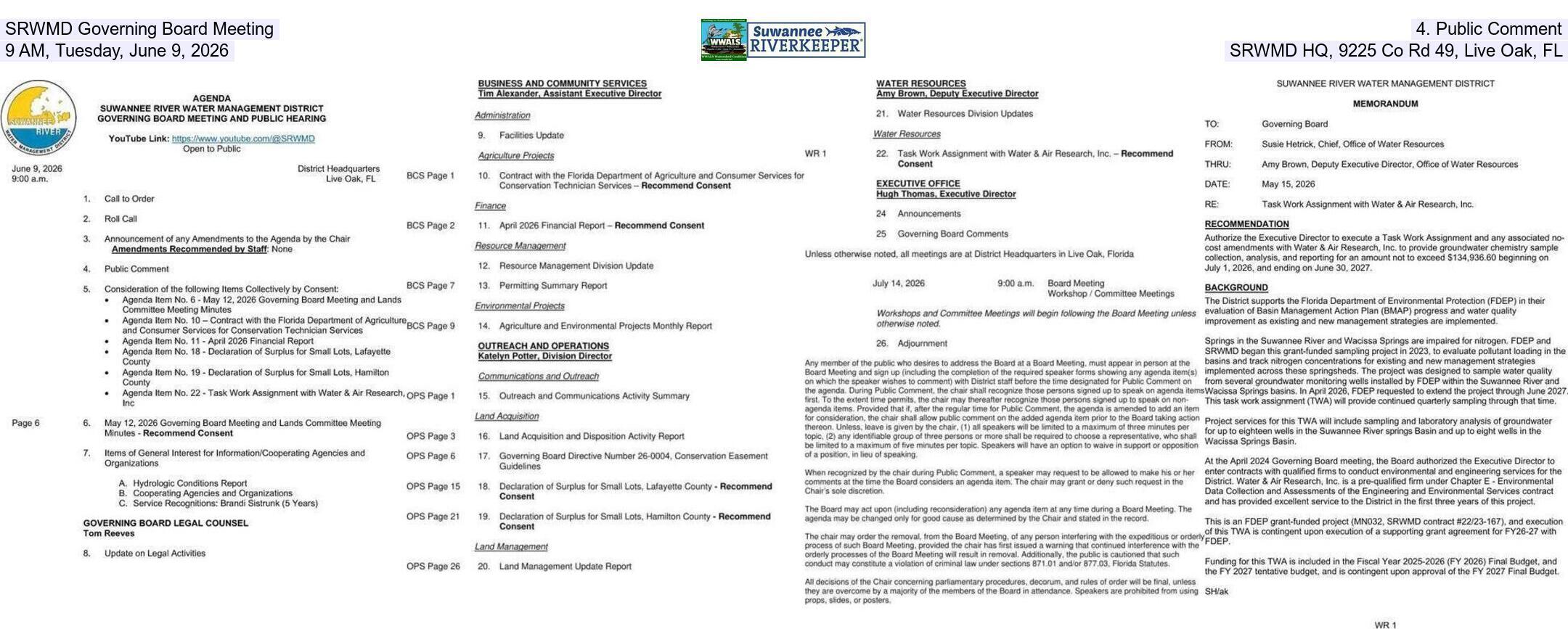 SRWMD Governing Board Meeting, 4. Public Comment, 9 AM, Tuesday, June 9, 2026, SRWMD HQ, 9225 Co Rd 49, Live Oak, FL