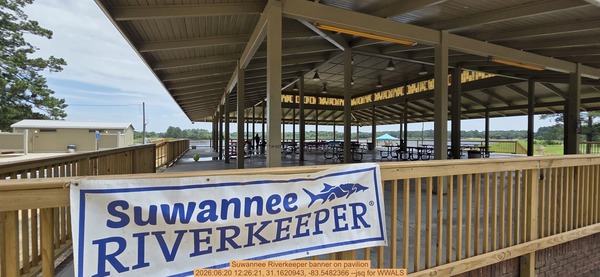 Suwannee Riverkeeper banner on pavilion, 2026:06:20 12:26:21, 31.1620943, -83.5482366 --jsq for WWALS