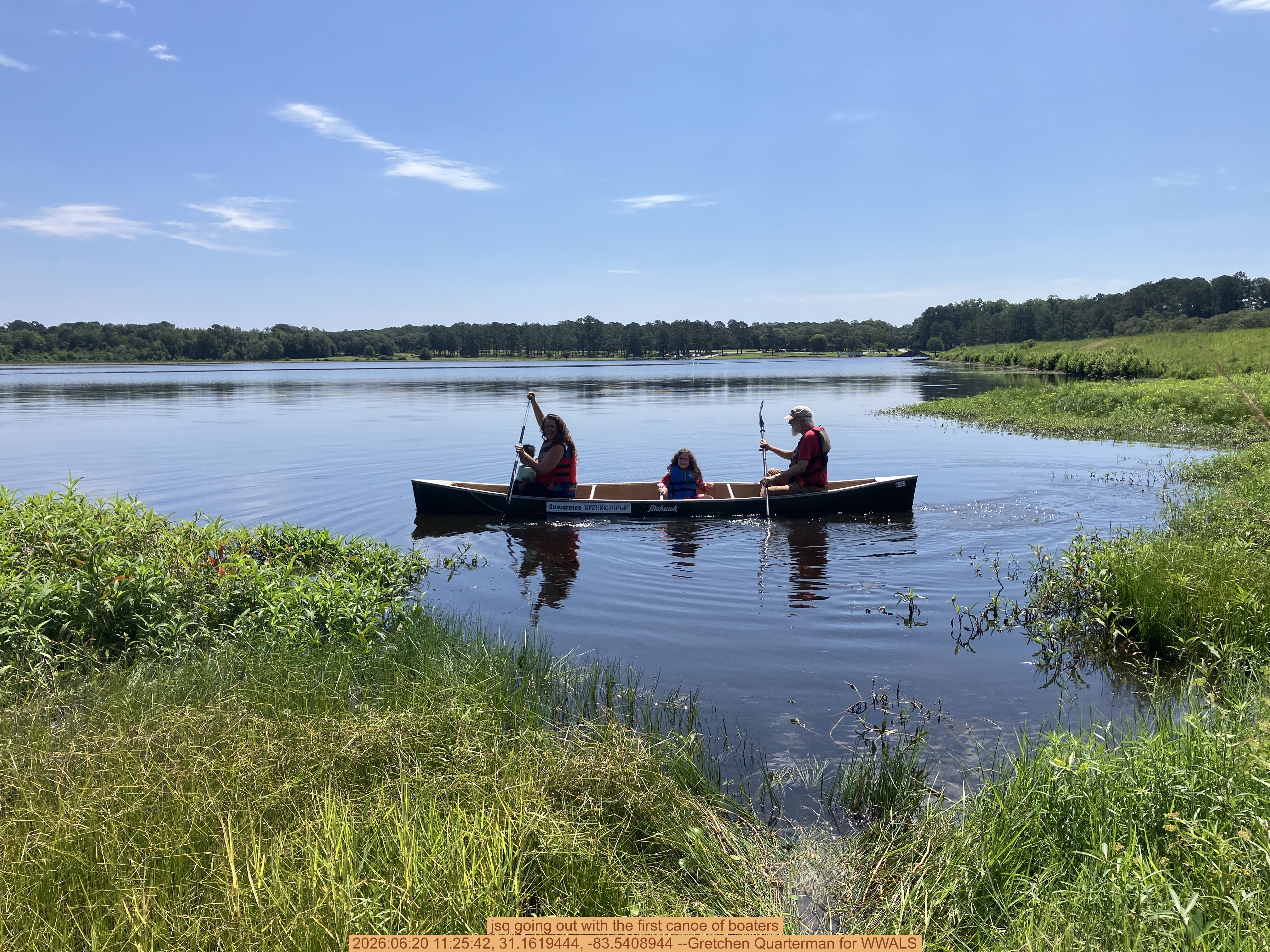 jsq going out with the first canoe of boaters, 2026:06:20 11:25:42, 31.1619444, -83.5408944 --Gretchen Quarterman for WWALS