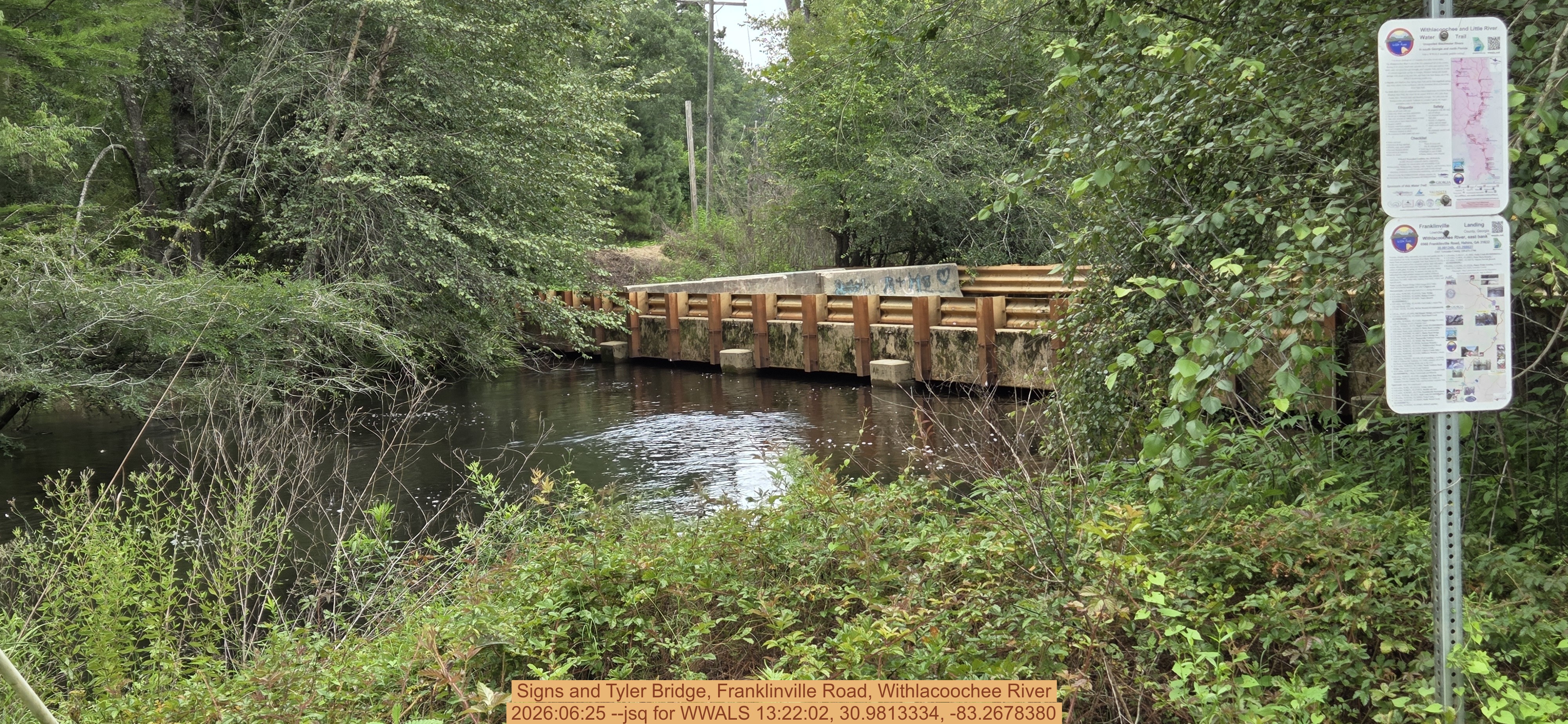 Signs and Tyler Bridge, Franklinville Road, Withlacoochee River, 2026:06:25 --jsq for WWALS 13:22:02, 30.9813334, -83.2678380