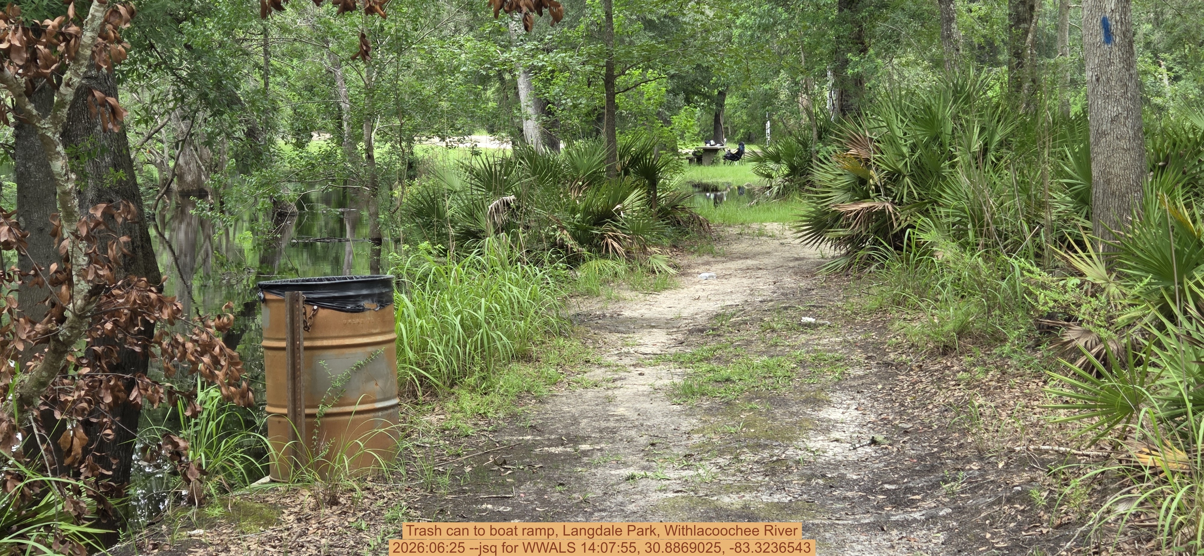 Trash can to boat ramp, Langdale Park, Withlacoochee River, 2026:06:25 --jsq for WWALS 14:07:55, 30.8869025, -83.3236543