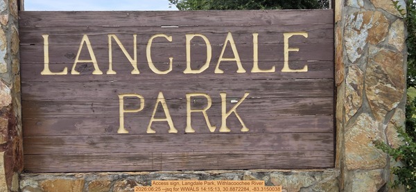 [Access sign, Langdale Park, Withlacoochee River, 2026:06:25 --jsq for WWALS 14:15:13, 30.8872284, -83.3150038]