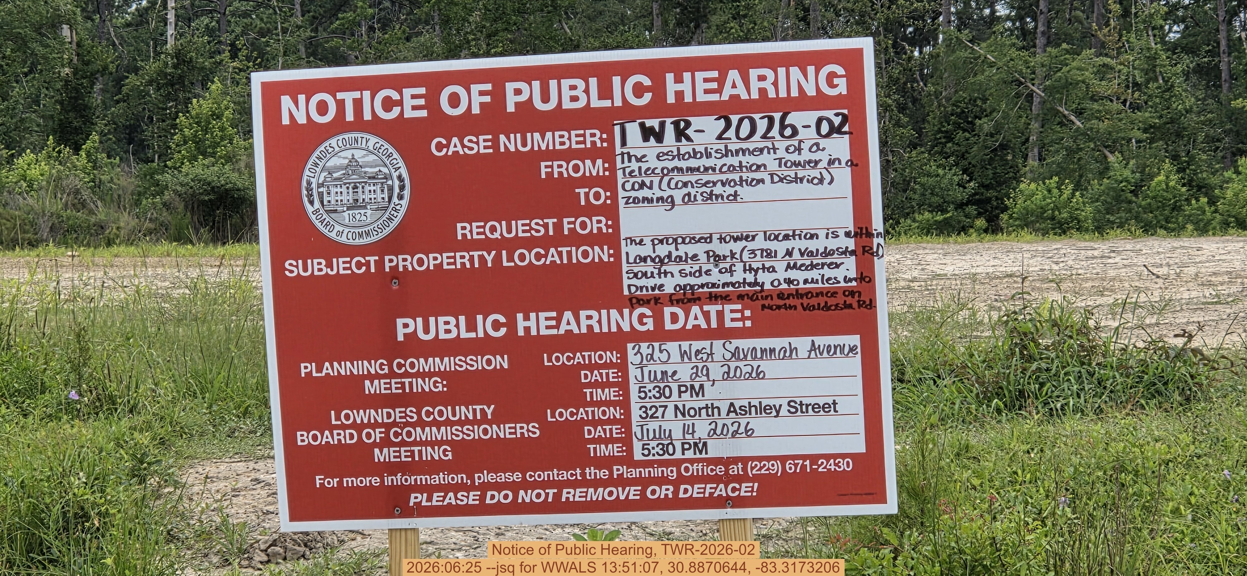 Notice of Public Hearing, TWR-2026-02, 2026:06:25 --jsq for WWALS 13:51:07, 30.8870644, -83.3173206
