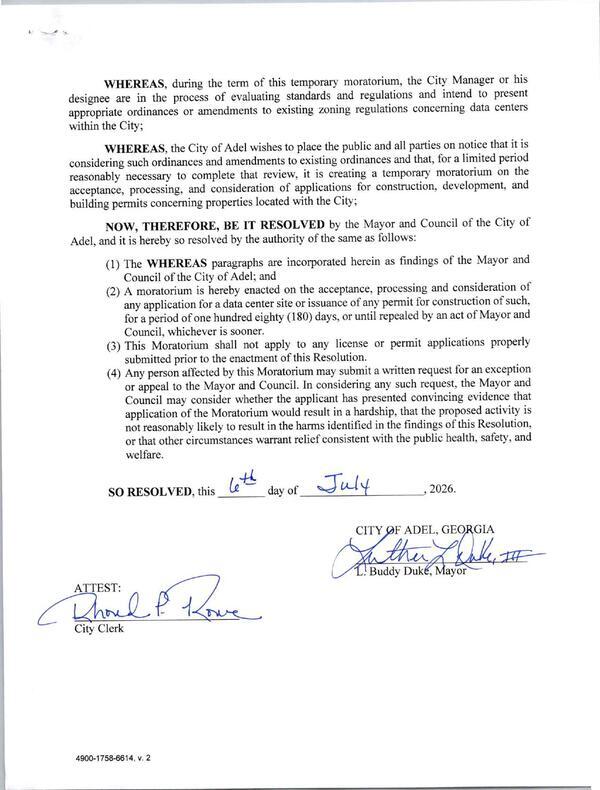 [(2) A moratorium is hereby enacted on the acceptance, processing and consideration of any application for a data center site or issuance of any permit for construction of such, for a period of one hundred eighty (180) days, or until repealed by an act of Mayor and Council, whichever is sooner.]