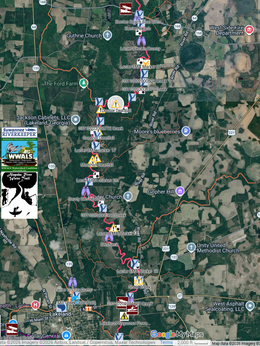 Map: Deadfalls between Berrien Beach and Lakeland Alapaha River 2026-07-06 --Alapaha River Water Trail (ARWT)