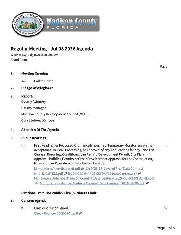 [5.1 First Reading for Proposed Ordinance Imposing a Temporary Moratorium on the Acceptance, Review, Processing, or Approval of any Applications for any Land Use Change, Rezoning, Conditional Use Permit, Development Permit, Site Plan Approval, Building Permits or Other Development Approval for the Construction, Expansion, or Operation of Data Center Facilities]