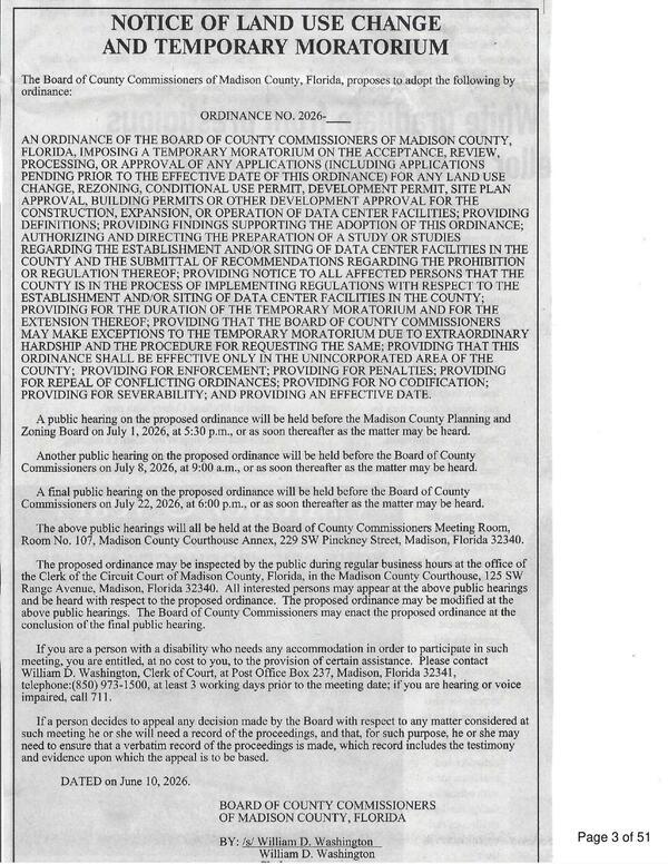 [NOTICE OF LAND USE CHANGE AND TEMPORARY MORATORIUM]