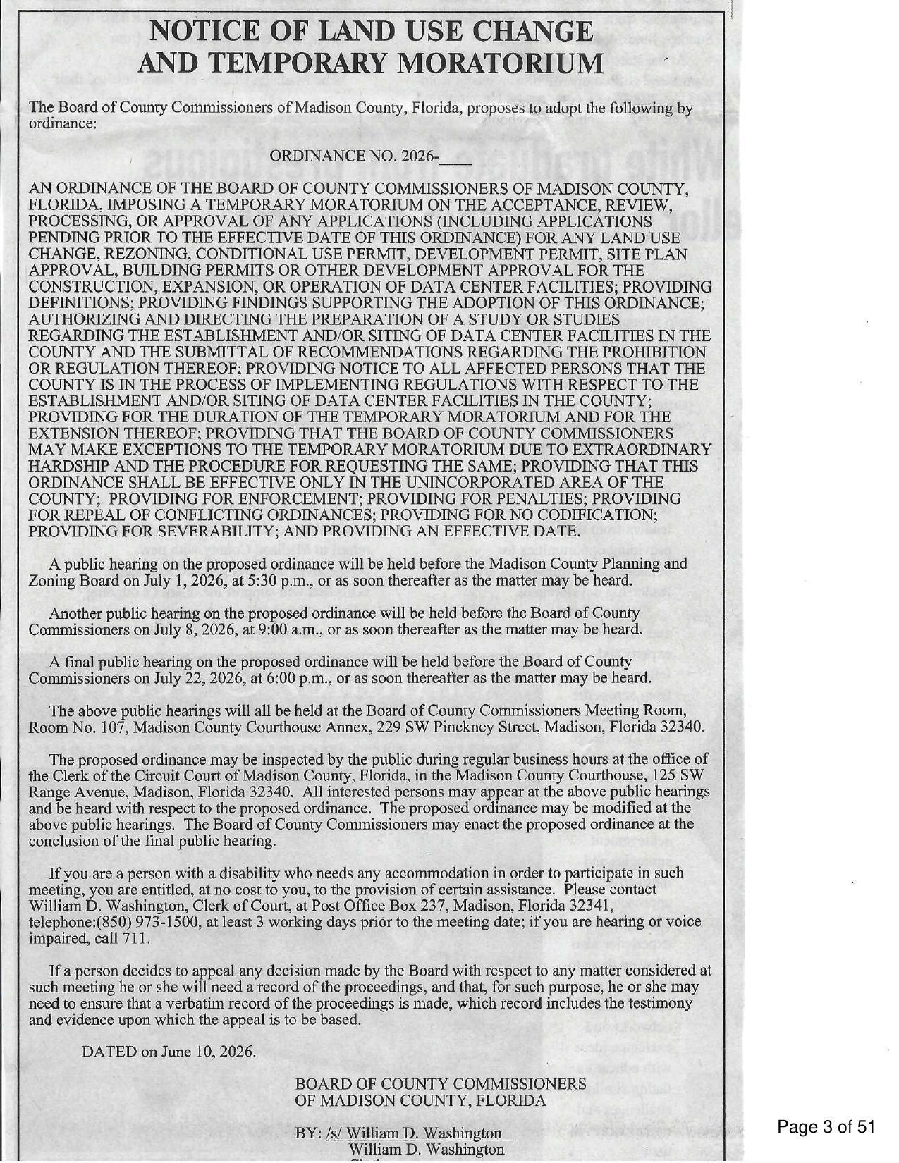 NOTICE OF LAND USE CHANGE AND TEMPORARY MORATORIUM