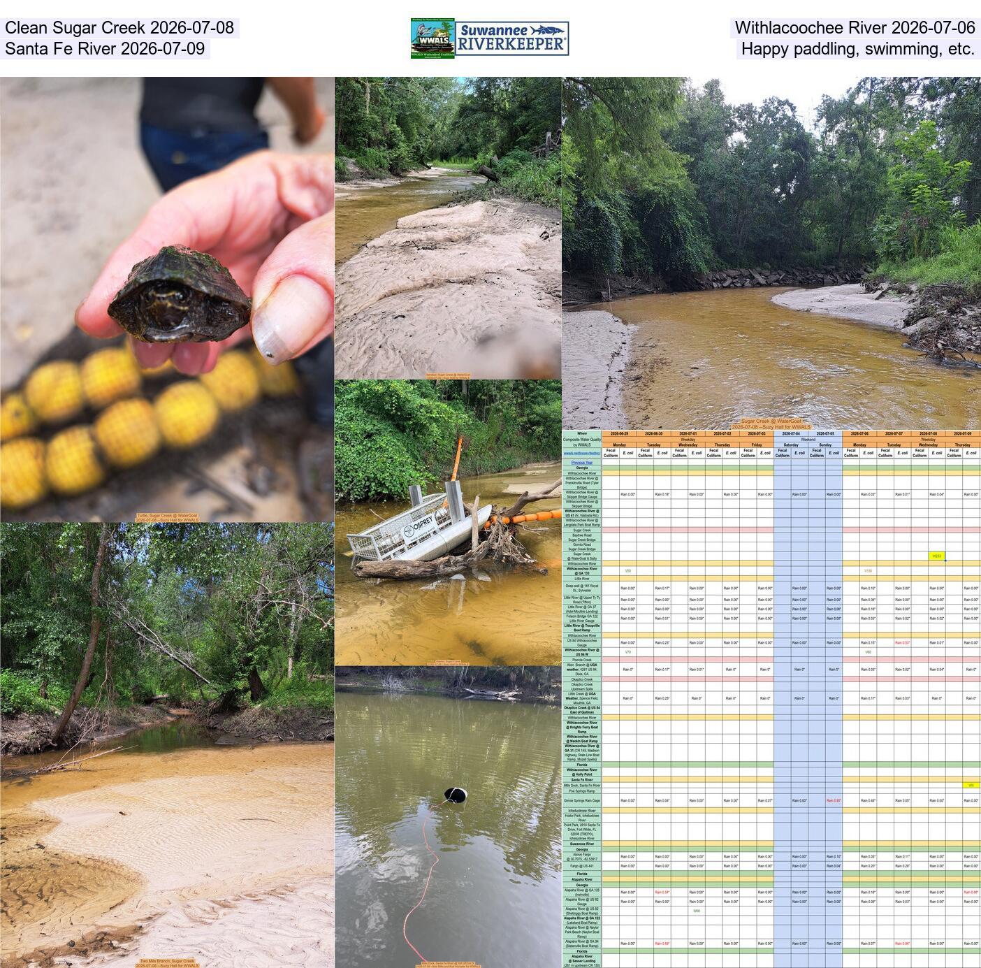 [Clean Sugar Creek 2026-07-08, Withlacoochee River 2026-07-06, Santa Fe River 2026-07-09, Happy paddling, swimming, etc.]