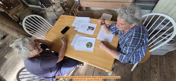 [Gretchen and Heather doing the AAS water quality testing retraining, 2026-07-10 --jsq for WWALS]