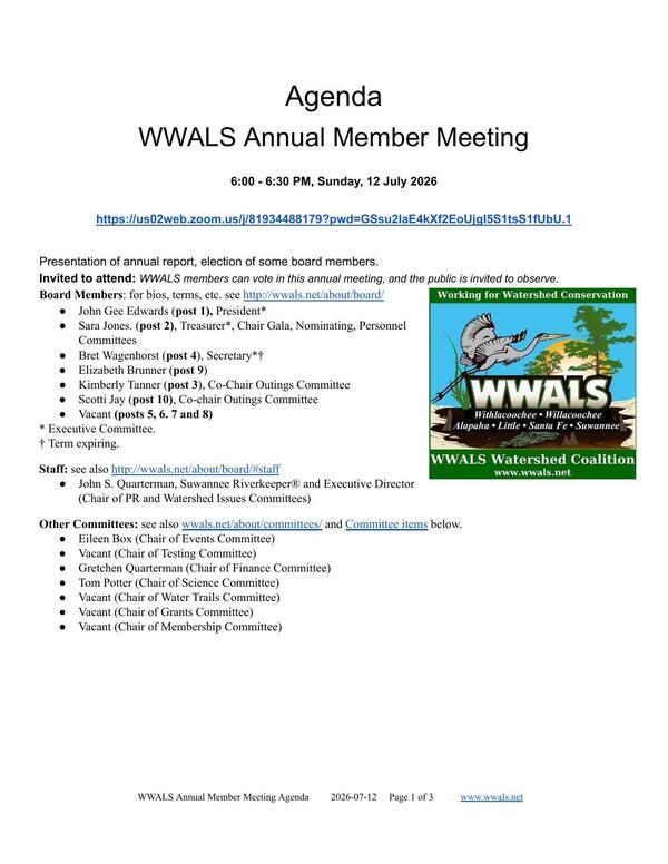 [Board, Staff, and Committees, 2026-07-12 --WWALS Annual Member Meeting Agenda]