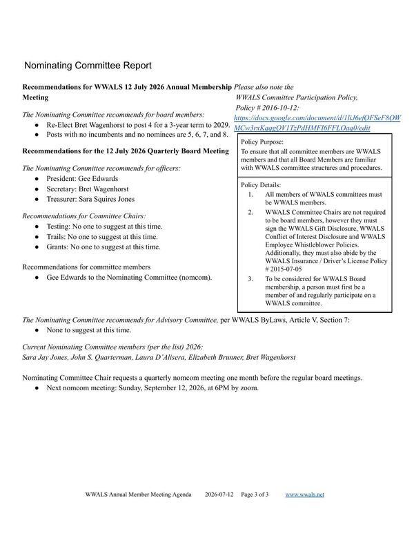Nominating Committee Report, 2026-07-12 --WWALS Annual Member Meeting Agenda
