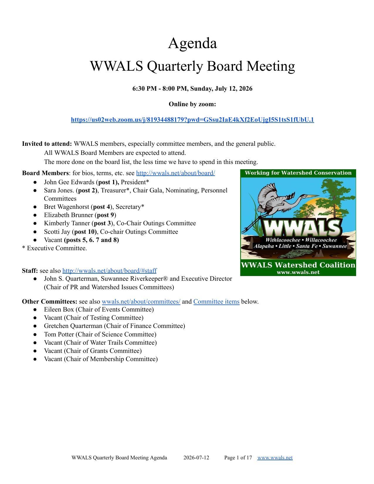 Board, Staff, and Committees, 2026-07-12 --WWALS Quarterly Board Meeting Agenda