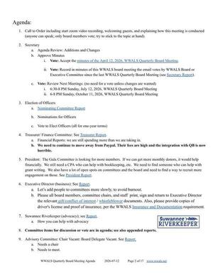 [Election of Officers & Officer and Staff reports, 2026-07-12 --WWALS Quarterly Board Meeting Agenda]
