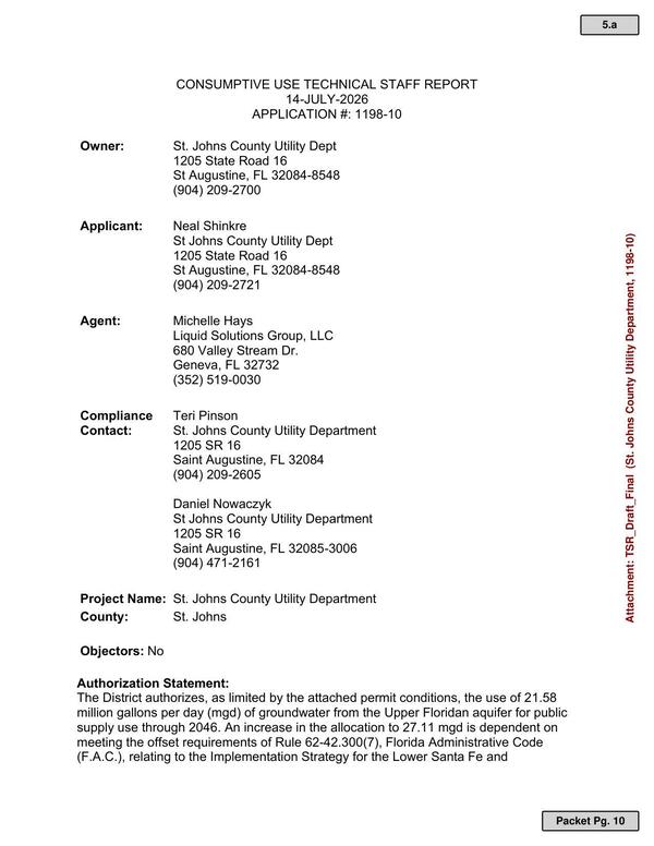 CONSUMPTIVE USE TECHNICAL STAFF REPORT 14-JULY-2026 APPLICATION #: 1198-10