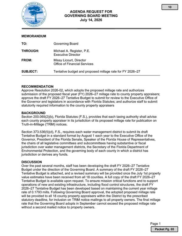 Tentative budget and proposed millage rate for FY 2026-27