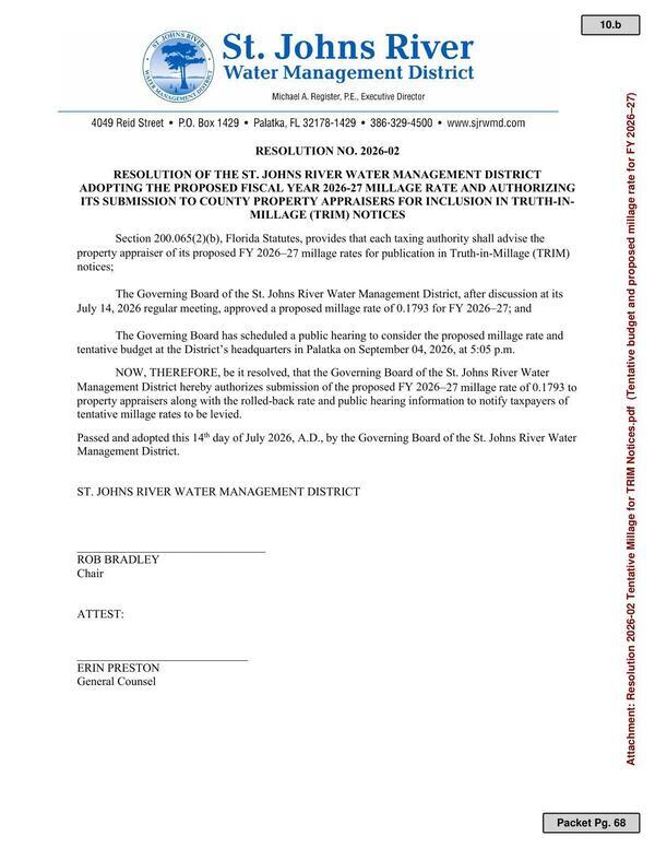RESOLUTION NO. 2026-02 RESOLUTION OF THE ST. JOHNS RIVER WATER MANAGEMENT DISTRICT ADOPTING THE PROPOSED FISCAL YEAR 2026-27 MILLAGE RATE AND AUTHORIZING ITS SUBMISSION TO COUNTY PROPERTY APPRAISERS FOR INCLUSION IN TRUTH-IN-MILLAGE (TRIM) NOTICES