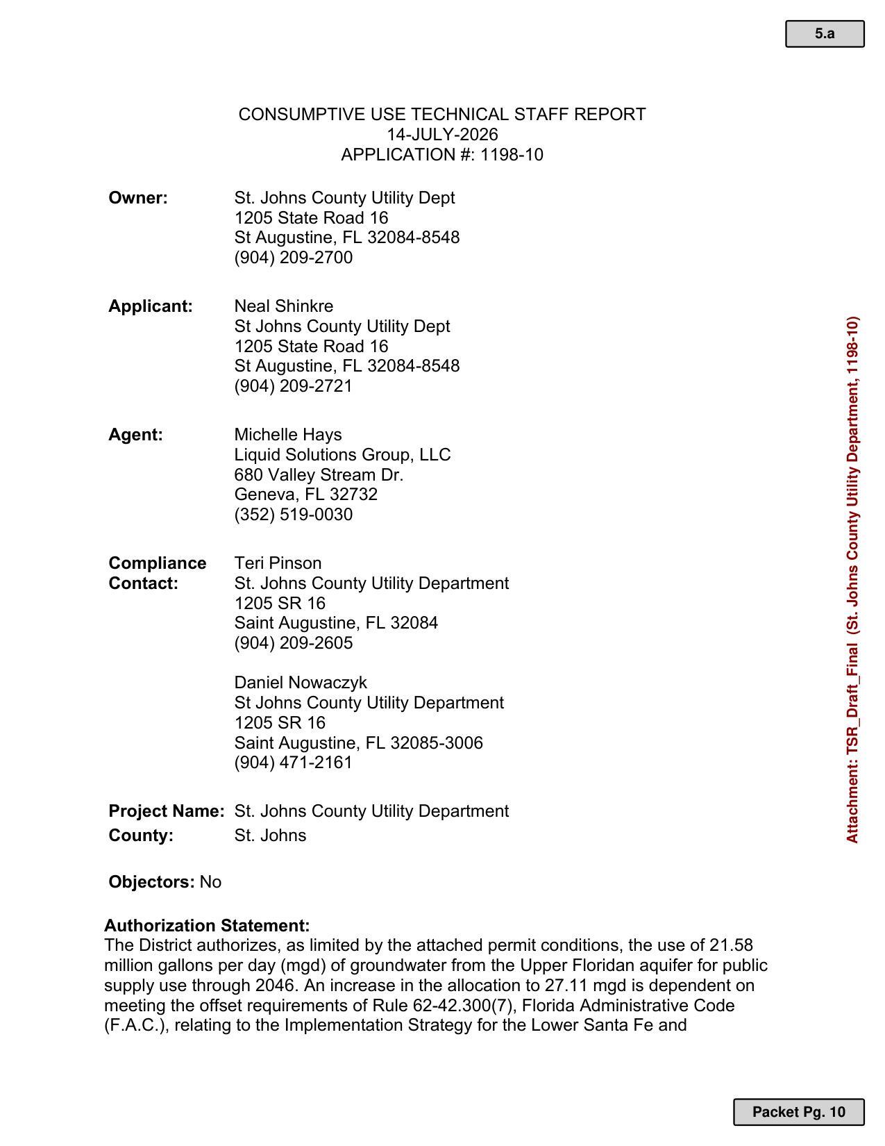 CONSUMPTIVE USE TECHNICAL STAFF REPORT 14-JULY-2026 APPLICATION #: 1198-10