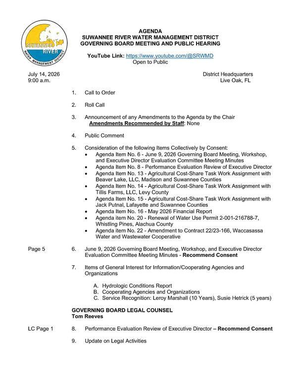 [Agenda: 4. Public Comment, 7.A. Hydrologic Conditions Report, 2026-07-14 --SRWMD Board]