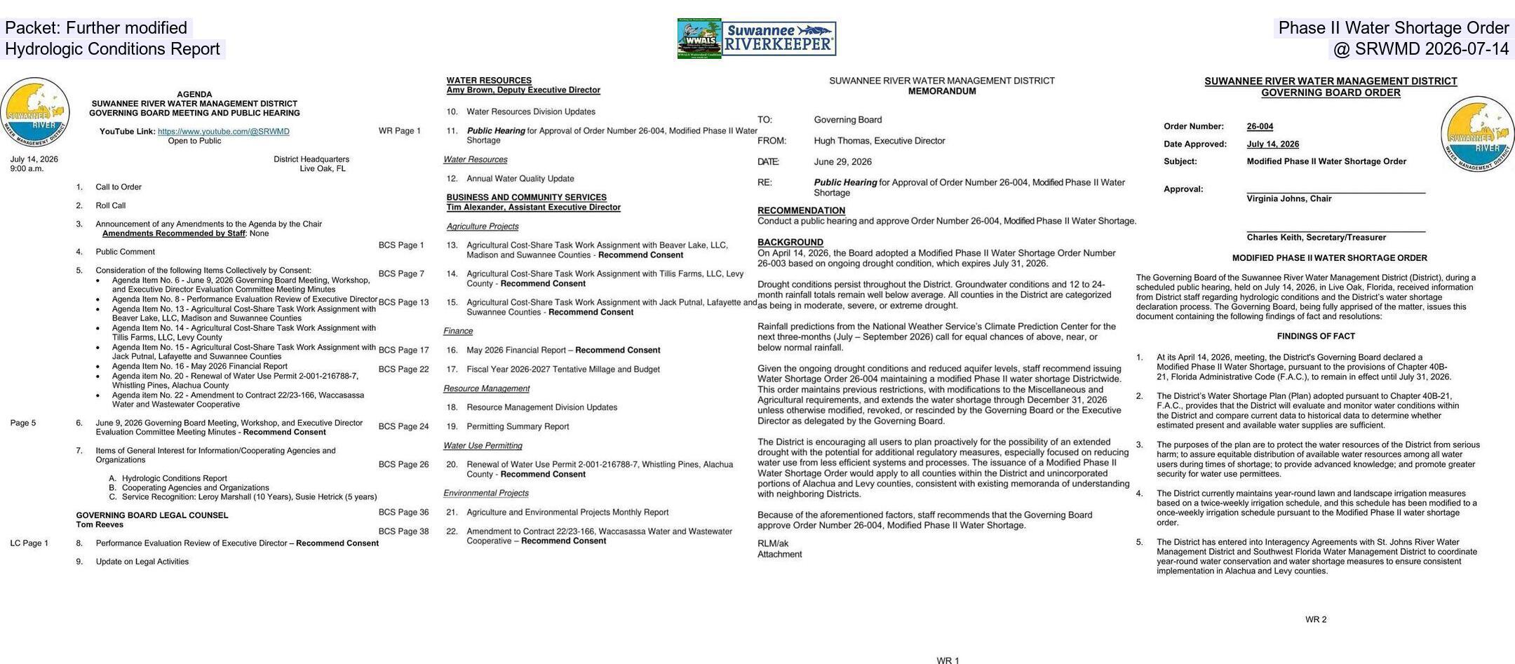 Packet: Further modified Phase II Water Shortage Order, Hydrologic Conditions Report @ SRWMD 2026-07-14