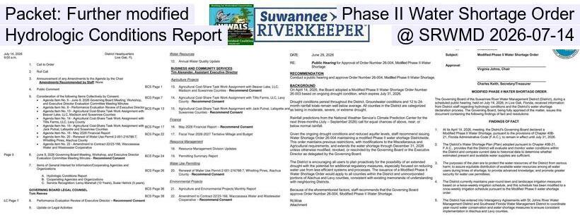 Packet: Further modified Phase II Water Shortage Order, Hydrologic Conditions Report @ SRWMD 2026-07-14