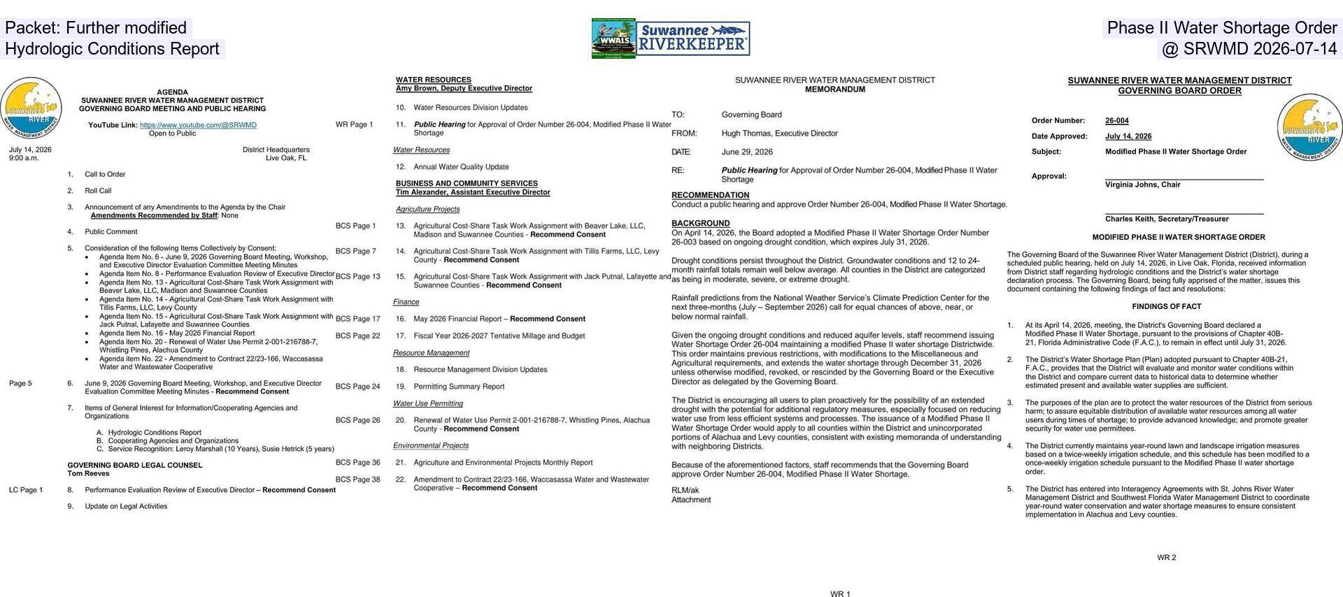 [Packet: Further modified Phase II Water Shortage Order, Hydrologic Conditions Report @ SRWMD 2026-07-14]