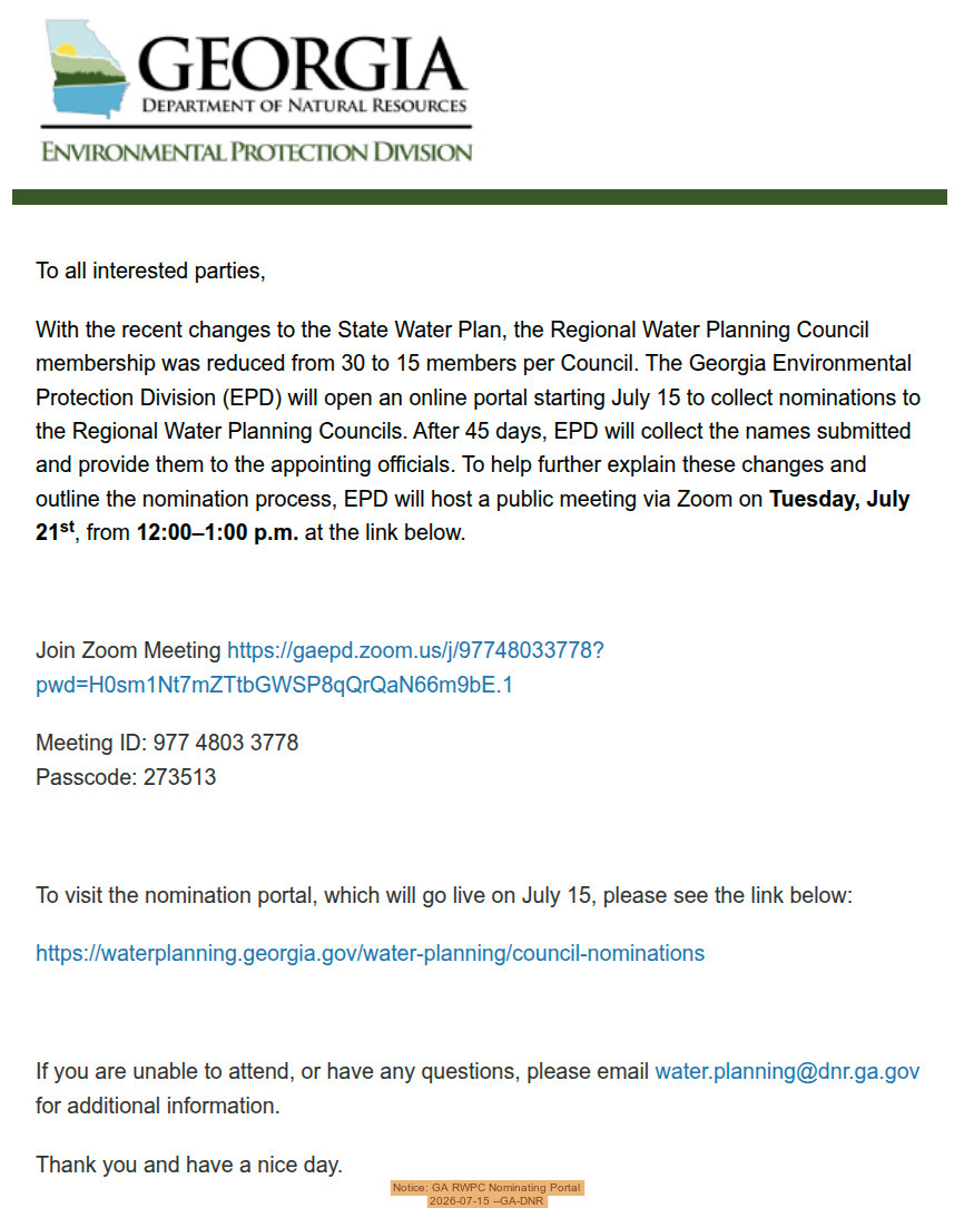 Notice: GA RWPC Nominating Portal 2026-07-15 --GA-DNR