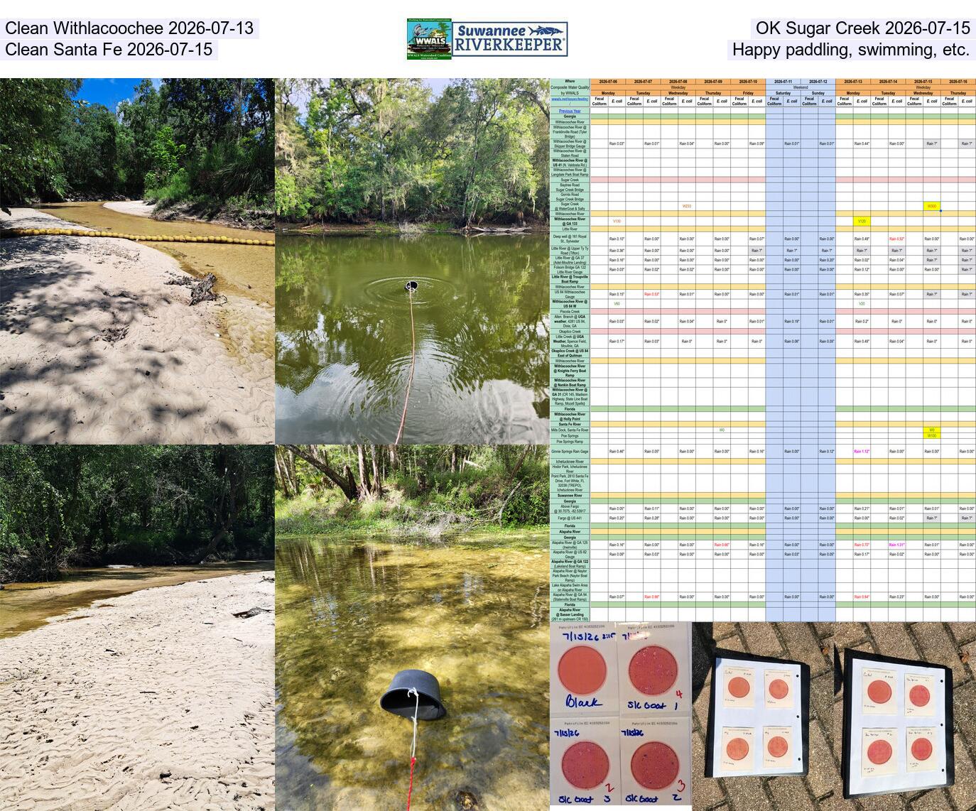 Clean Withlacoochee 2026-07-13, OK Sugar Creek 2026-07-15, Clean Santa Fe 2026-07-15, Happy paddling, swimming, etc.
