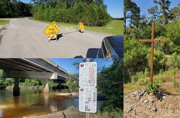 [Wells Road closed, Folsom Bridge Landing, Mary Turner Lynching Site memorial, 2021-10-12 --jsq for WWALS]