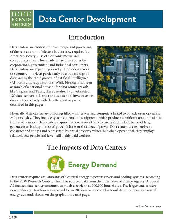 Energy Demand: A typical AI-focused data center consumes as much electricity as 100,000 households. The larger data centers now under construction are expected to use 20 times as much., 2026-01-01 --1000 Friends of Florida