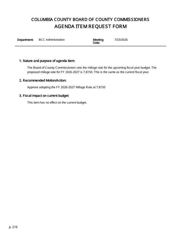 [AGENDA ITEM REQUEST FORM: Approve adopting the FY 2026-2027 Millage Rate at 7.8150]