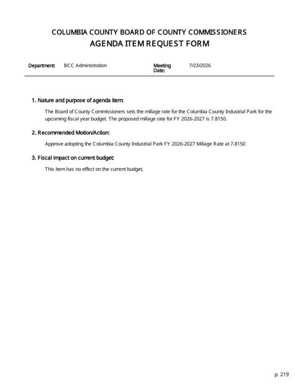 [AGENDA ITEM REQUEST FORM: Approve adopting the Columbia County Industrial Park FY 2026-2027 Millage Rate at 7.8150]