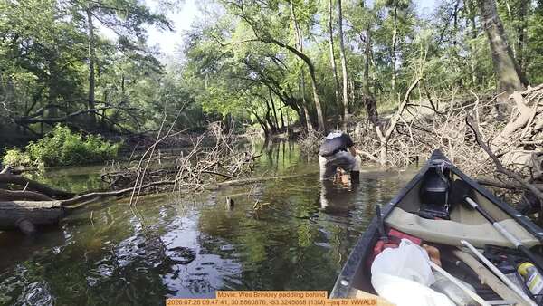 Movie: Wes Brinkley paddling behind, 2026:07:26 09:47:41, 30.8860876, -83.3245668 (13M) --jsq for WWALS