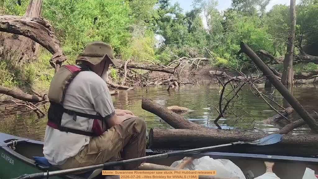 Movie: Suwannee Riverkeeper saw stuck; Phil Hubbard releases it, 2026-07-26 --Wes Brinkley for WWALS (19M)
