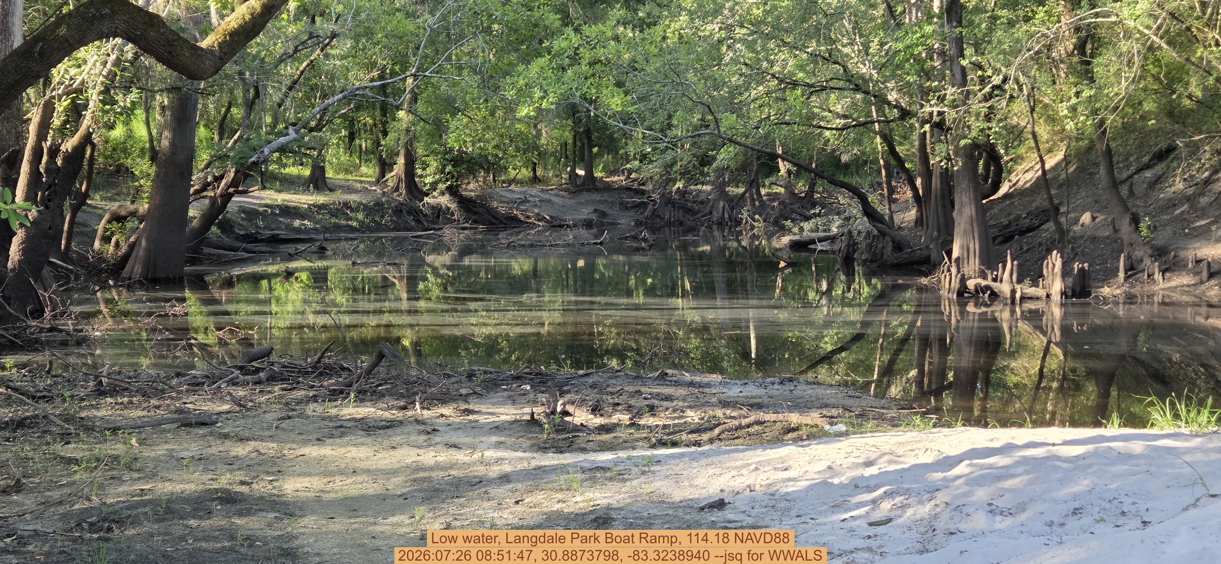Low water, Langdale Park Boat Ramp, 114.18 NAVD88, 2026:07:26 08:51:47, 30.8873798, -83.3238940 --jsq for WWALS