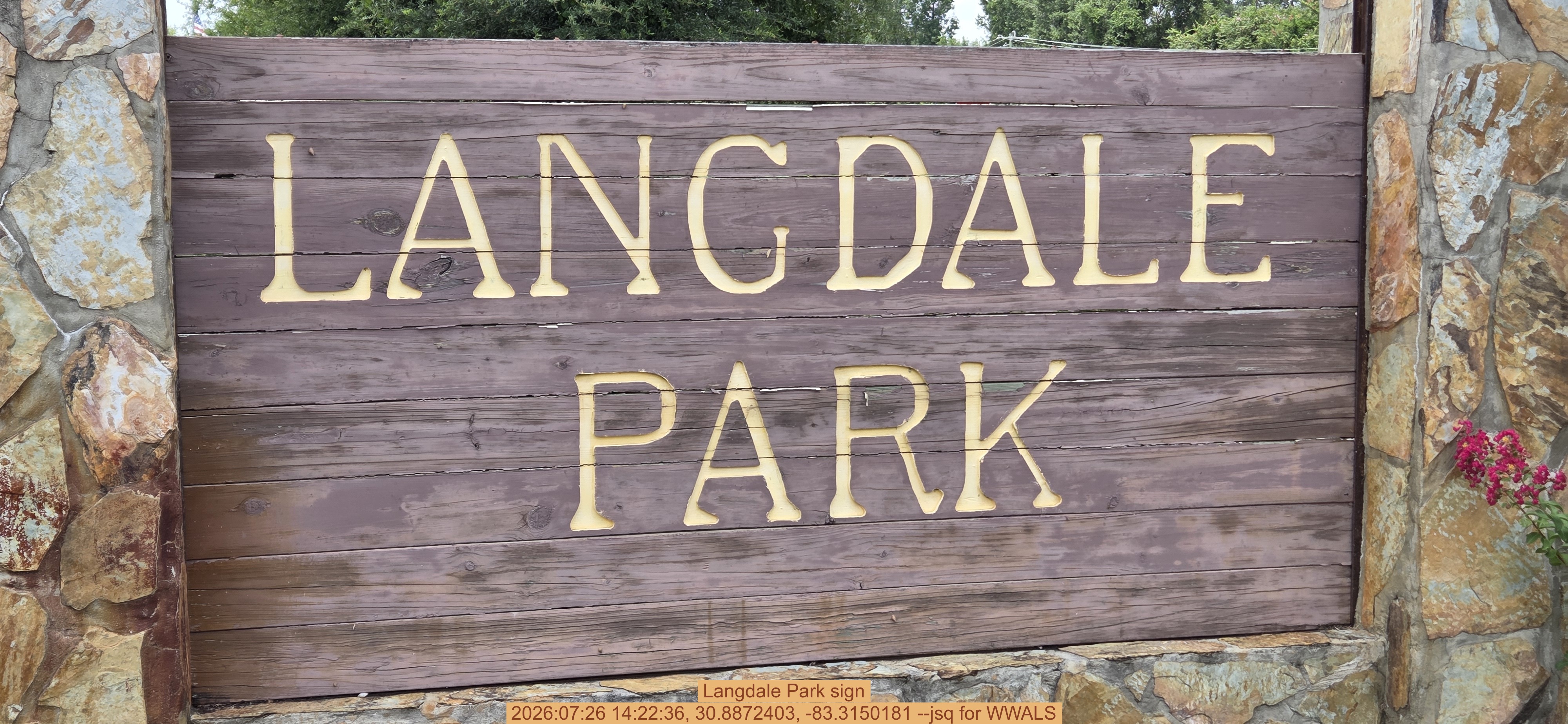 Langdale Park sign, 2026:07:26 14:22:36, 30.8872403, -83.3150181 --jsq for WWALS